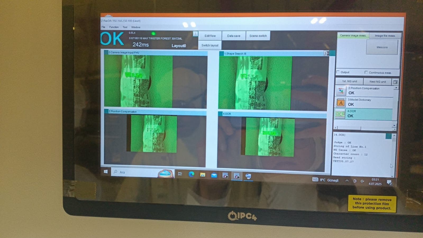 Dört kontrol penceresinde tarih basımını okuyan ve OK sonucu veren OCR ekranı